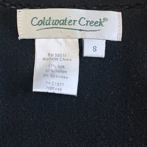 Coldwater Creek Faux Wrap Silk Blend Top Lace Trim Neckline S Black 140F - Picture 7 of 8
